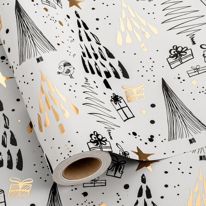 MAYPLUSS Christmas Gift Wrapping Paper - 17 Inch X 33 Feet - Minimalistic Elegant Christmas Tree Snowy Star with Metallic Foil Design Winter Holiday Gift Wrap Sheet for Party, Festive Decorations - Image 1